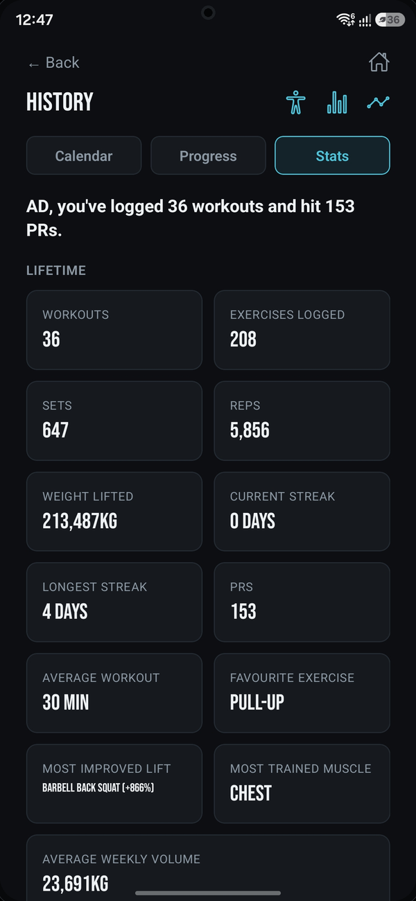 Lifetime stats: workouts, sets, reps, and streaks