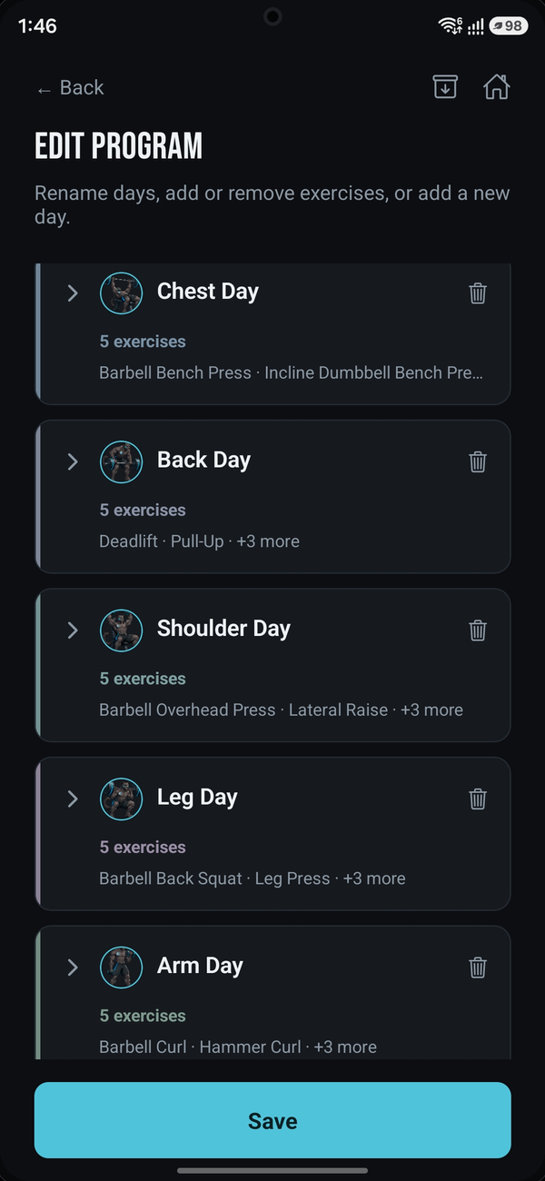 Edit Program screen listing training days and exercises