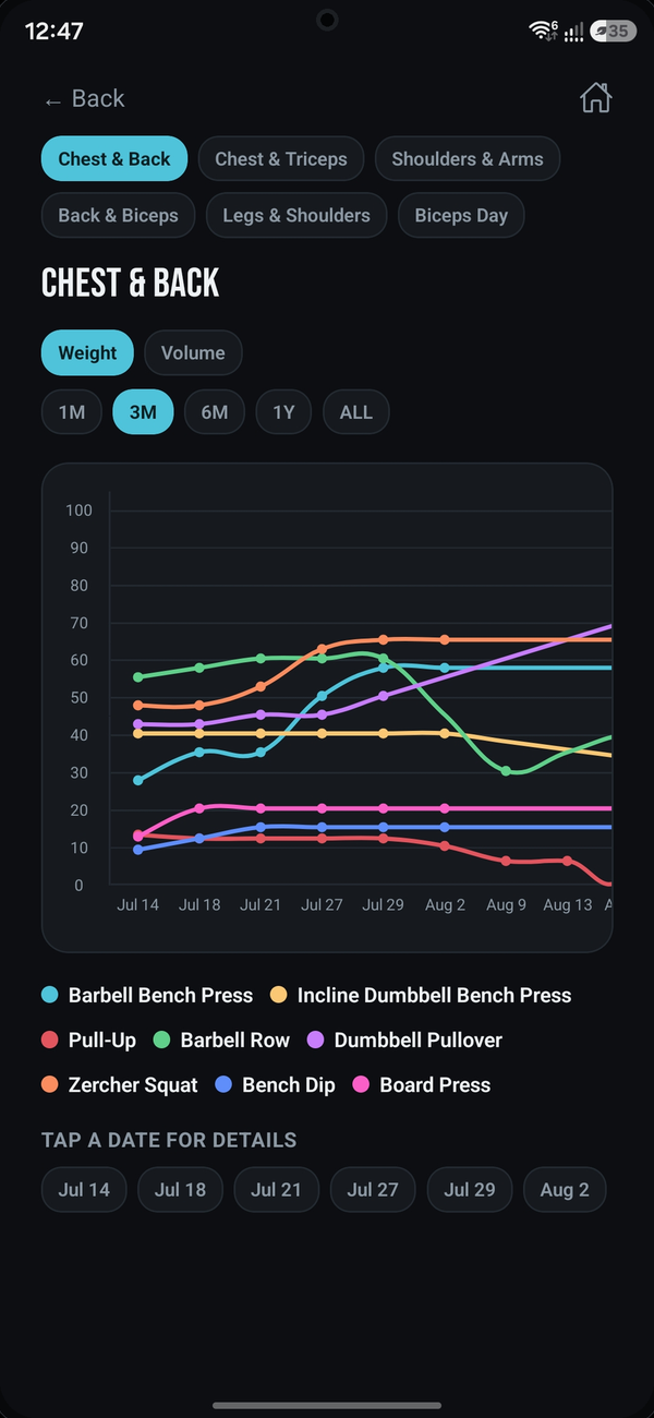 Weight progress chart across several exercises over time