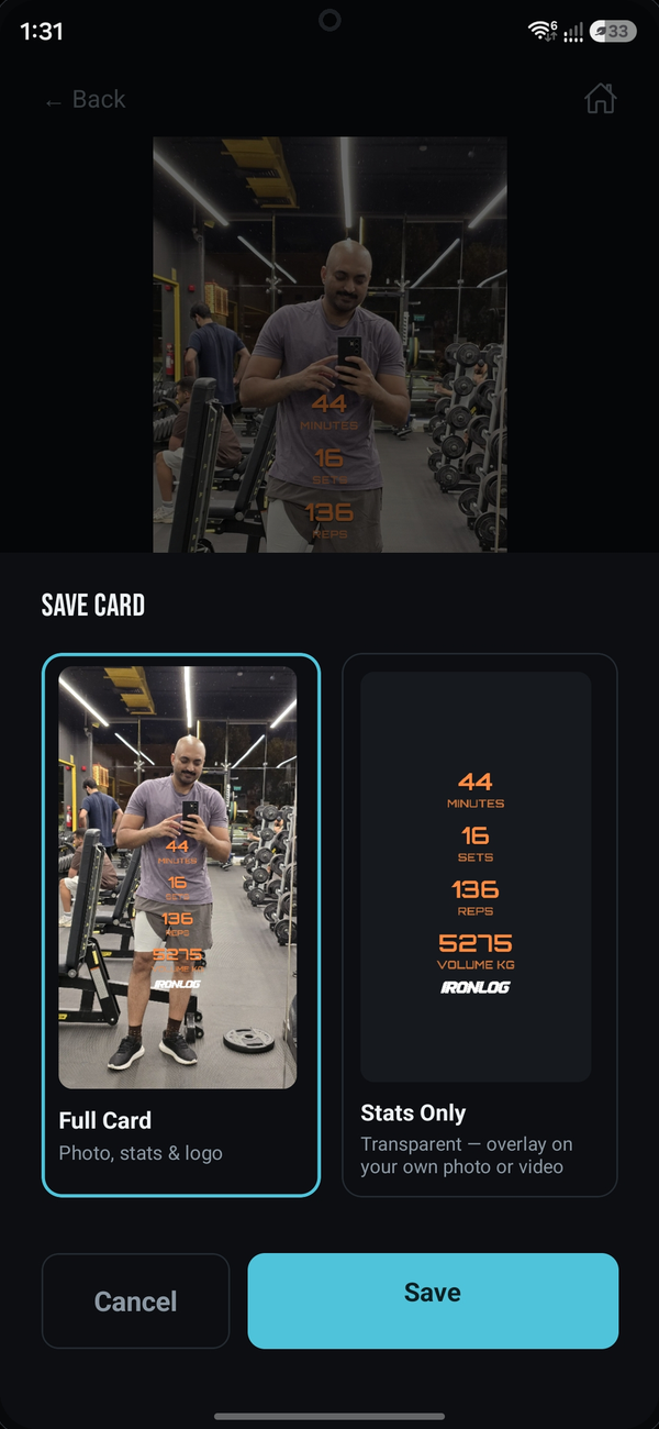 Save Card screen with Full Card and Stats Only options